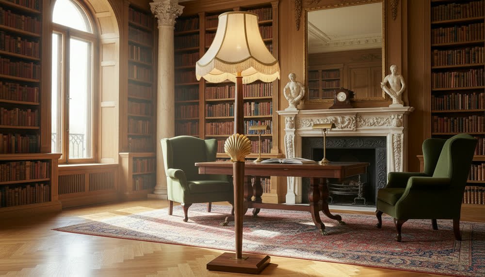 ARCO floor lamp, a bespoke project, in a library with an armchair